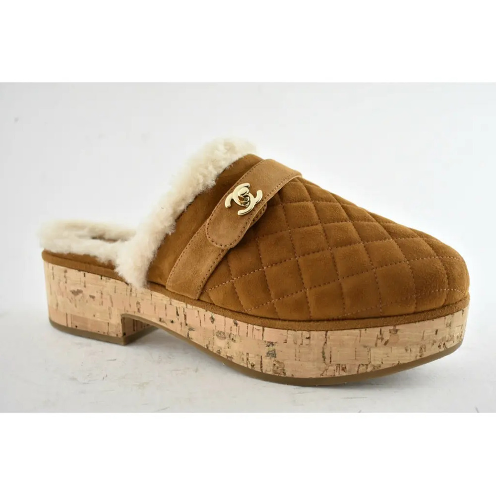 Chanel 21B Brown Suede Turnlock CC Logo Shearling Fur Mule Flat Clog Loafer 38 - Picture 3 of 11